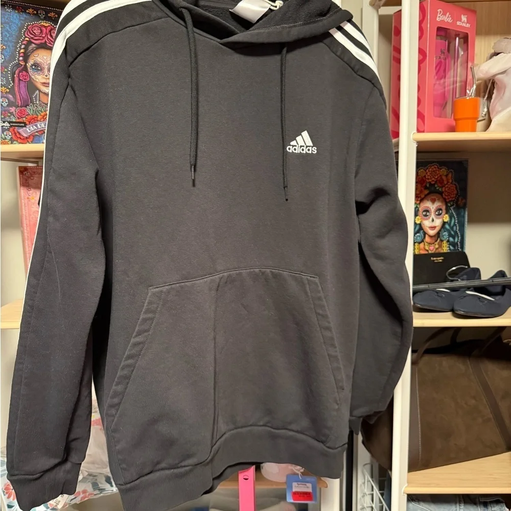Adidas Men's Black Hoodie with White Stripes EUC Size L